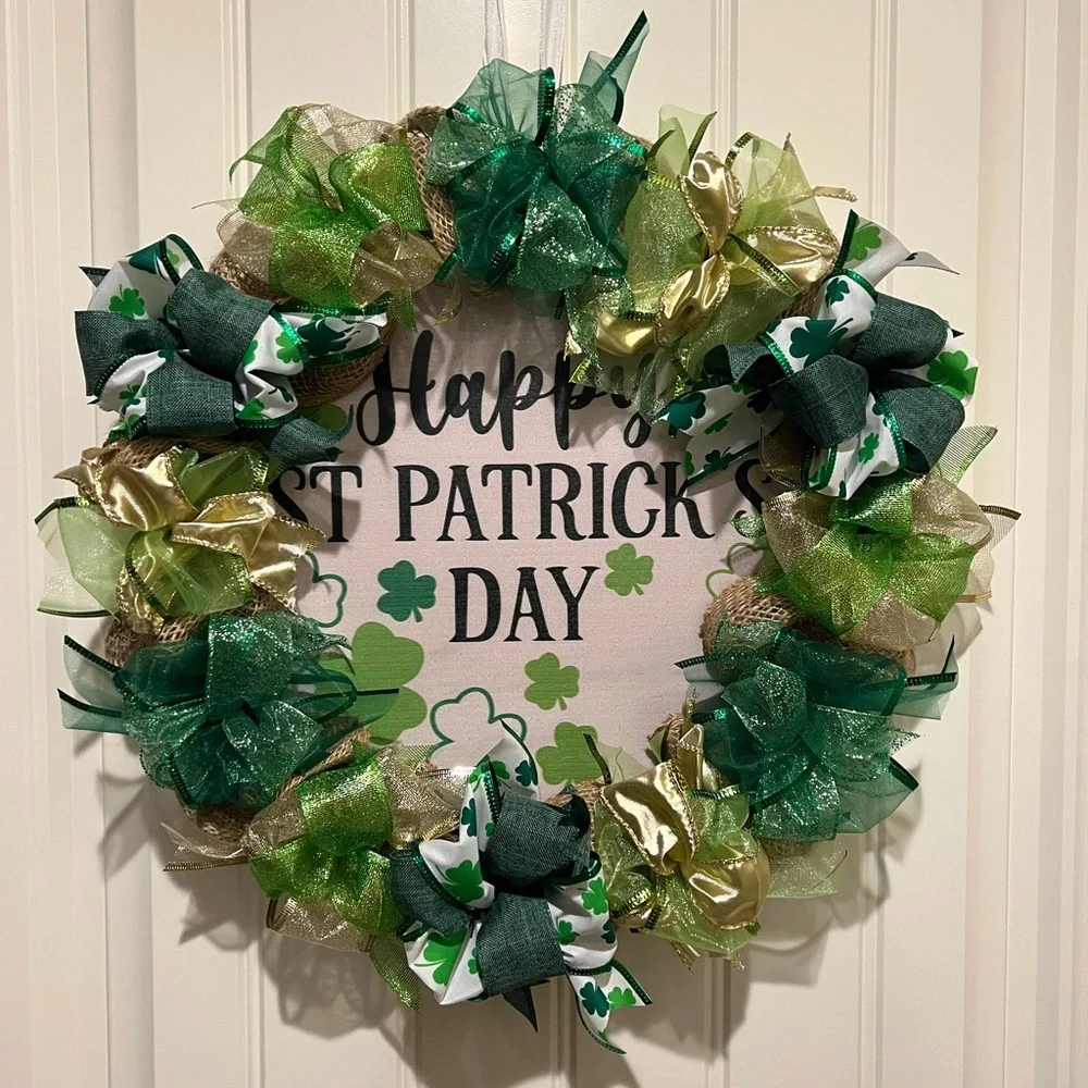 17” Happy St. Patrick’s Day Ribbon Wreath shamrocks in Green, White Handmade W4